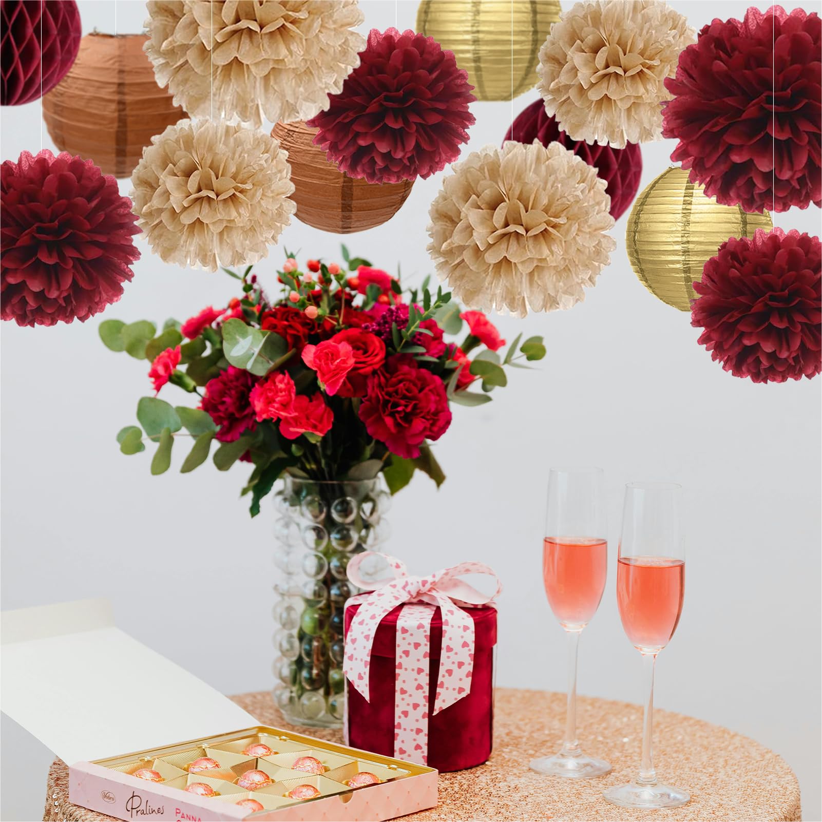 Burgundy Graduation Party Decorations Maroon Party Decorations Tissue Pom Poms Lanterns Honeycomb Balls for Wedding Anniversary Bridal Shower Engagement Bachelorette Party Birthday Party Fall Party