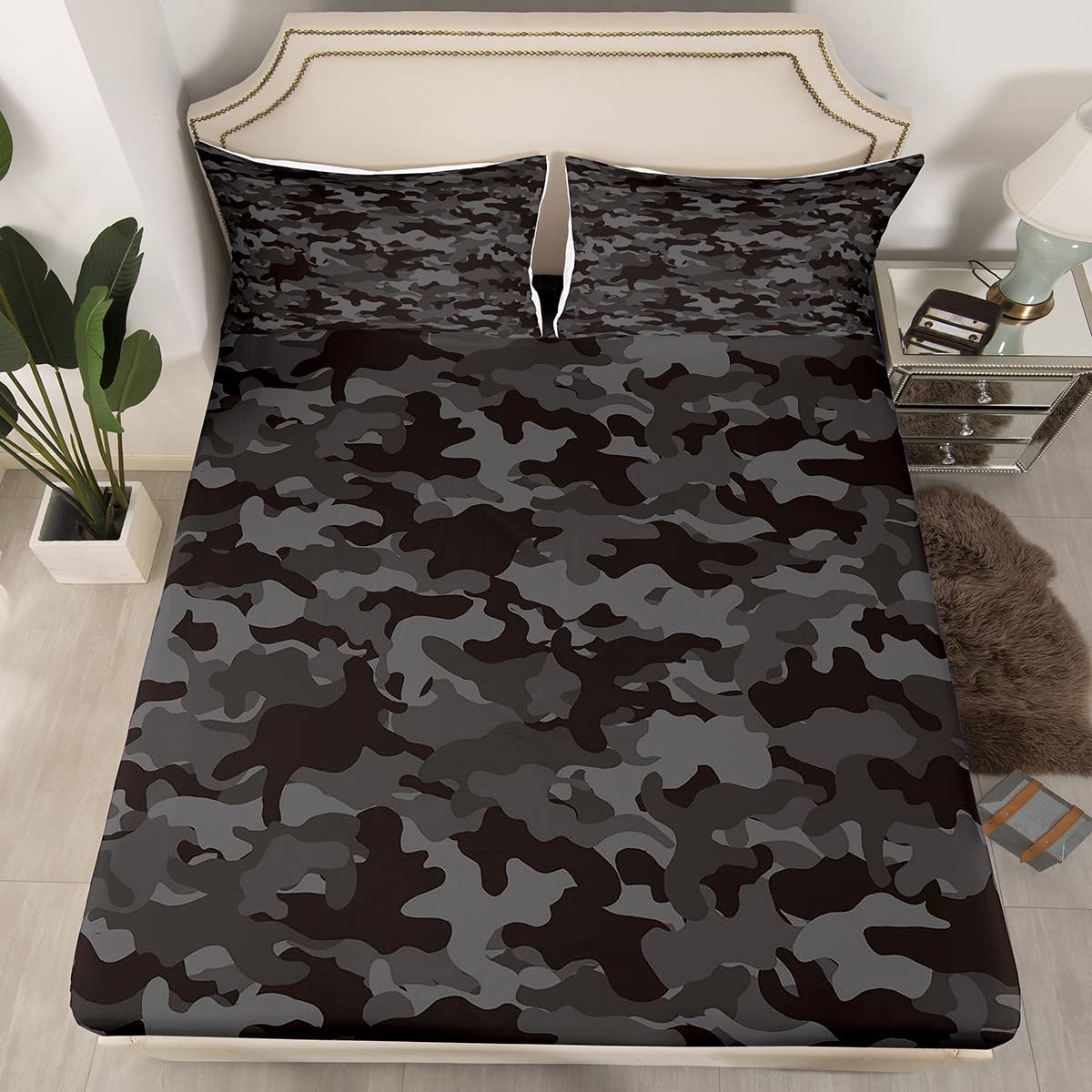 Army Camo Bedding Set, Black Camouflage Bed Sheets for Kids Boys Teens Adult Men, Military Camo Fitted Sheet Black Grey Lightweight Fitted Bed Sheets, 1 Fitted Sheet + 2 Pillow Cases, Queen Size…