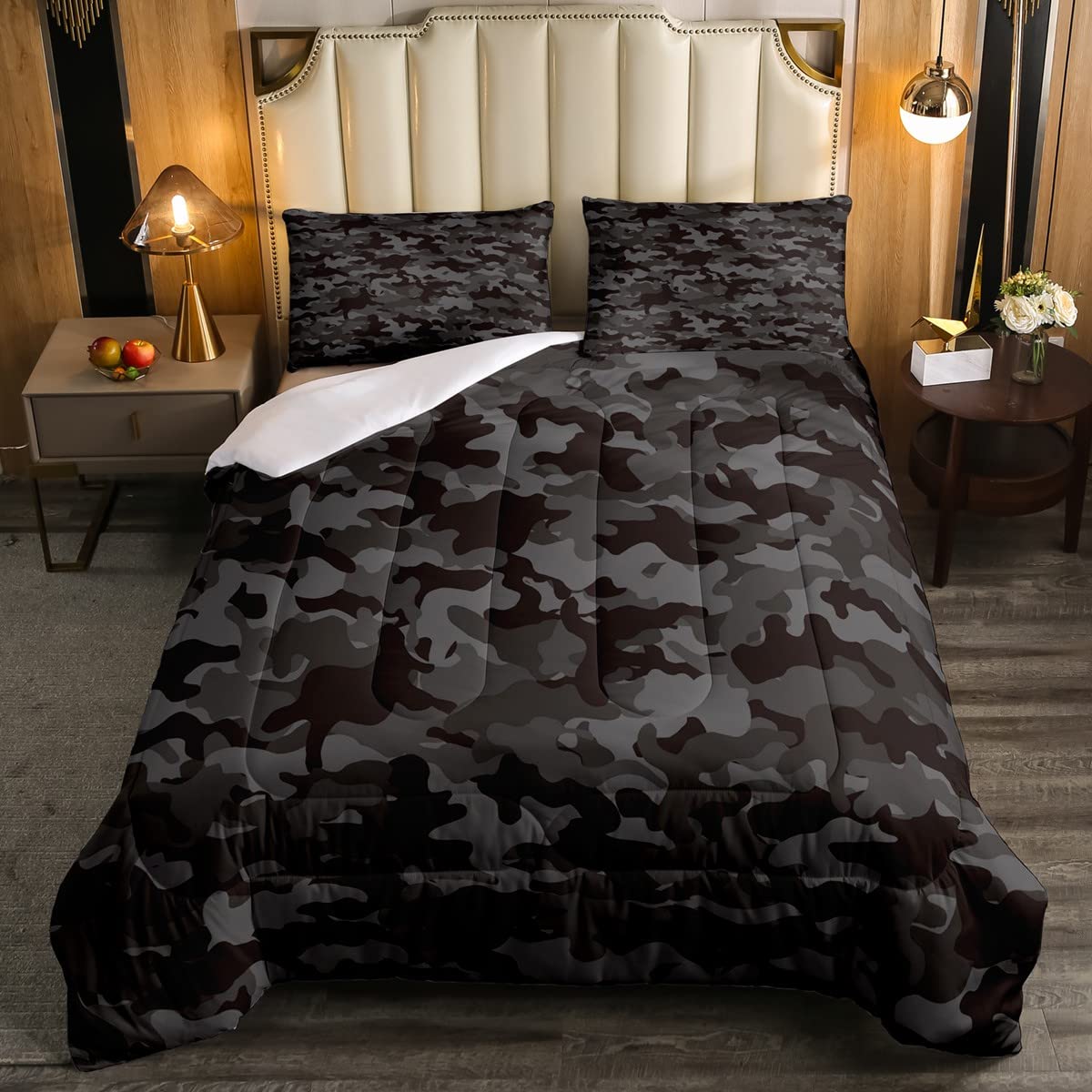 Army Camo Comforter Set, Black Camouflage Quilted Duvet For Kids Boys Teens Adult Men, Military Camo Bedding Set Black Grey Lightweight Down Comforter, 1 Comforter + 2 Pillow Cases, Queen Size