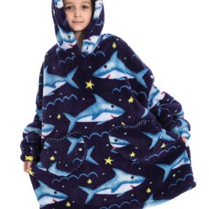 Wearable Blanket Hoodie for Kids Toddler Oversized Sweatshirt Cute Fleece Sherpa Blanket Girls Boys Shark 6-10 Year