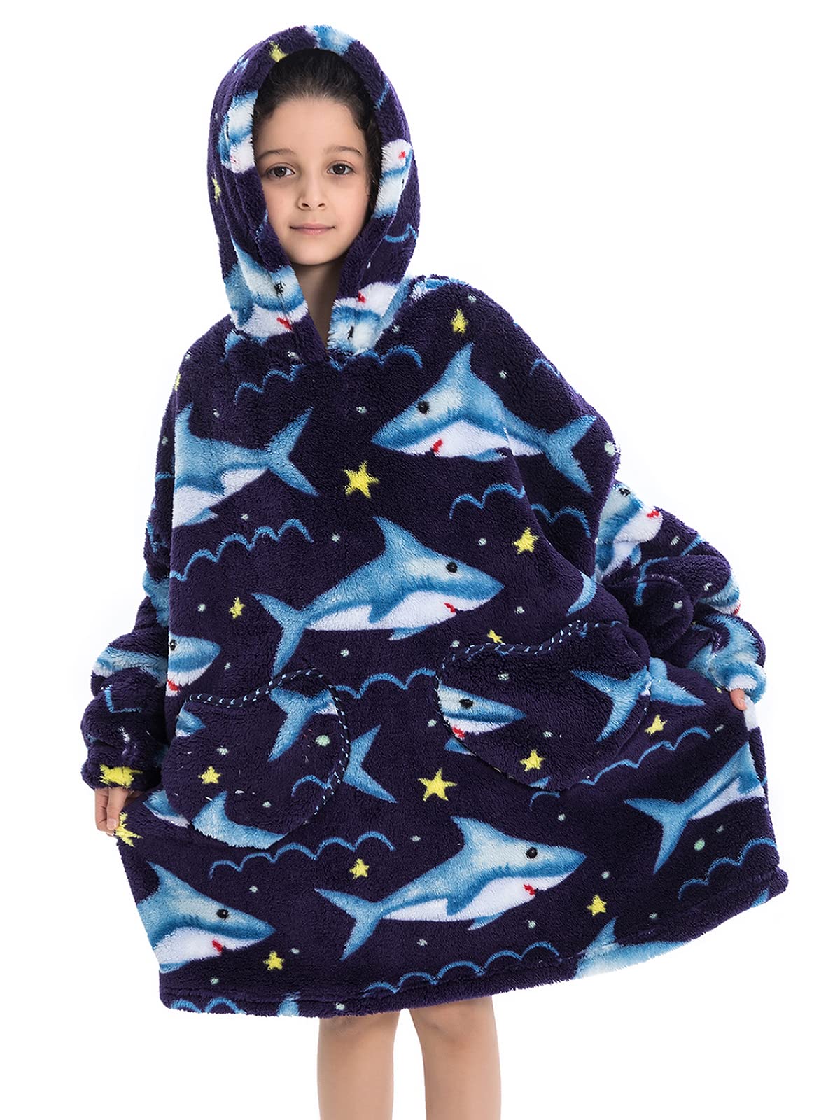 Wearable Blanket Hoodie for Kids Toddler Oversized Sweatshirt Cute Fleece Sherpa Blanket Girls Boys Shark 6-10 Year