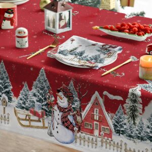 Horaldaily Christmas Tablecloth 60×84 Inch, Winter Snowman House Christmas Trees Red Washable Table Cover for Party Picnic Dinner Decor