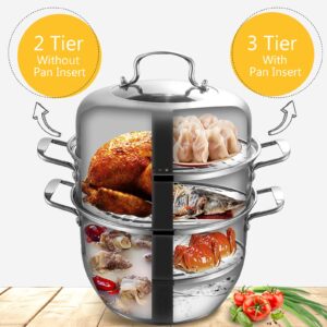 WUWEOT 11" Steamer Pot, 3 Tier Stainless Steel Steaming Pot Dim Sum Cookware, Food Vegetable Cooking Pan With Stackable Pan Insert/Lid for Vegetable, Dumpling, Stock, Sauce, Food