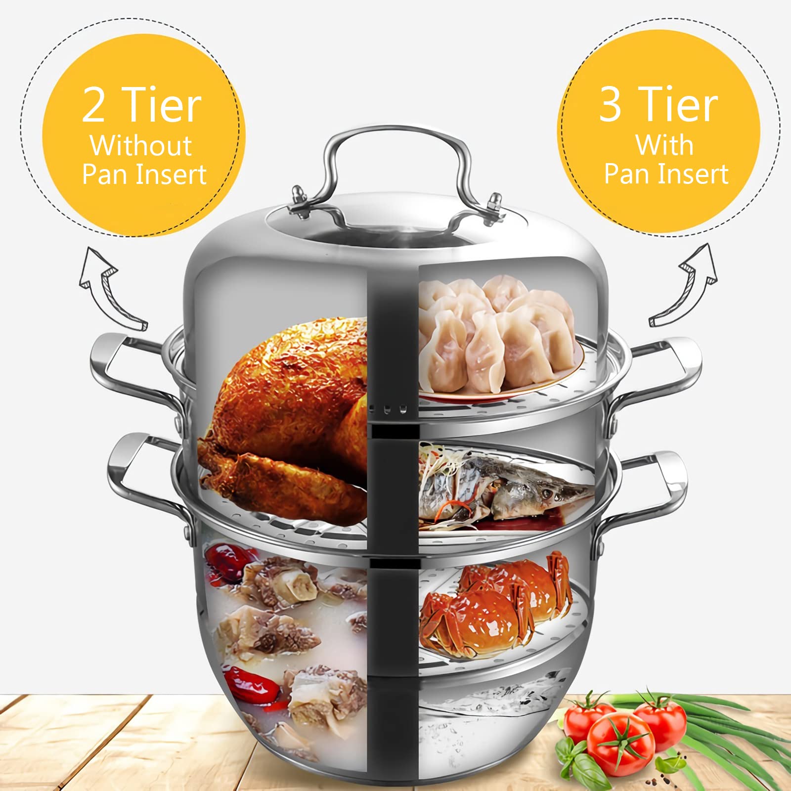 WUWEOT 11" Steamer Pot, 3 Tier Stainless Steel Steaming Pot Dim Sum Cookware, Food Vegetable Cooking Pan With Stackable Pan Insert/Lid for Vegetable, Dumpling, Stock, Sauce, Food