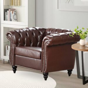 Vaztrlus Chesterfield Chairs, Brown Faux Leather Chairs Living Room, Roll Arm Accent Chairs, Deep Seat Comfy Classic Club Wingback Single Sofa Chair for Bedroom Office Sofa Chair