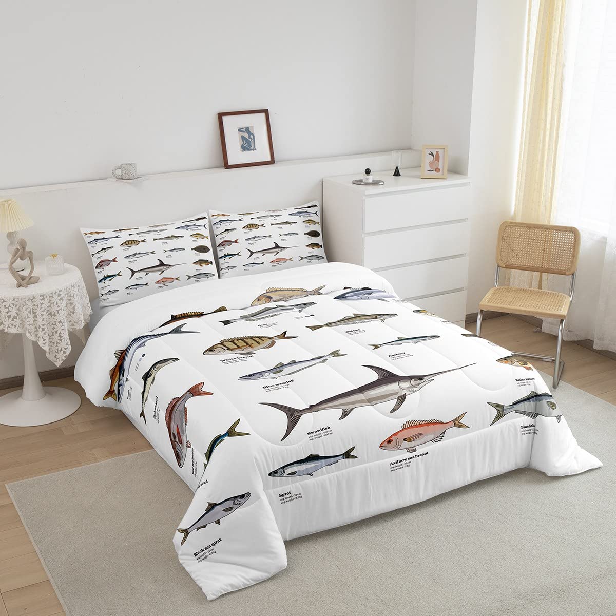 Bass Fish Comforter Set for Boys Girls Farmhouse Fishing and Hunting Theme Bedding Set, Samll Fish Pattern Duvet Insert Big Pike Fishing Quilt Fishing Lures Hook Hunting Quilted Duvet Twin Size