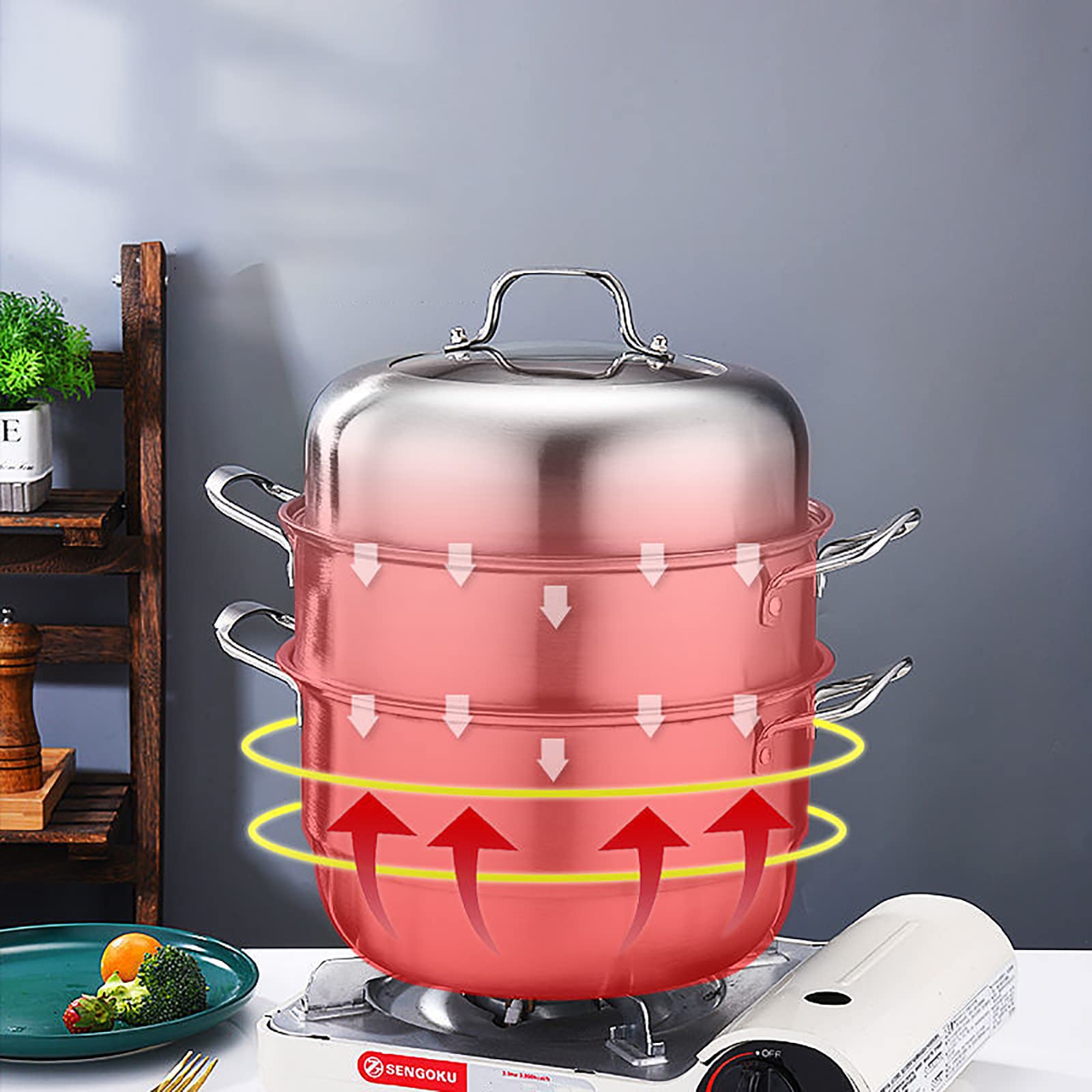 WUWEOT 11" Steamer Pot, 3 Tier Stainless Steel Steaming Pot Dim Sum Cookware, Food Vegetable Cooking Pan With Stackable Pan Insert/Lid for Vegetable, Dumpling, Stock, Sauce, Food