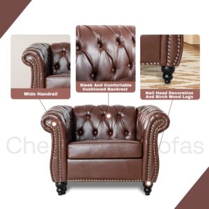 Vaztrlus Chesterfield Chairs, Brown Faux Leather Chairs Living Room, Roll Arm Accent Chairs, Deep Seat Comfy Classic Club Wingback Single Sofa Chair for Bedroom Office Sofa Chair