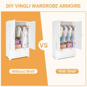 VINGLI Wide White Armoire Wardrobe Closet with Adjustable Shelves and Drawers, 60" Freestanding Closet Wardrobe Cabinet, Armoires and Wardrobes with Doors for Kids' Room, Dorm