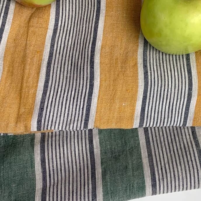 Premium Quality 100% Linen Fabric by The Yard Mustard Yellow Vintage Kitchen Stripe Extra Wide 58"(147cm) AS Veggie Stripe Upholstery (Yellow)