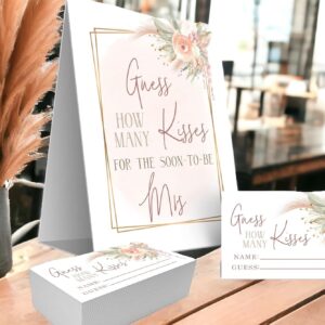 Your Main Event Prints Boho Pink Gold Pompas Grass How Many Kisses Game Sign and Cards Great For Bridal Showers and Weddings, Floral