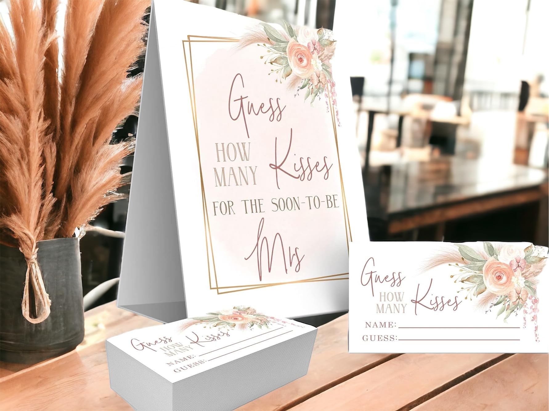 Your Main Event Prints Boho Pink Gold Pompas Grass How Many Kisses Game Sign and Cards Great For Bridal Showers and Weddings, Floral