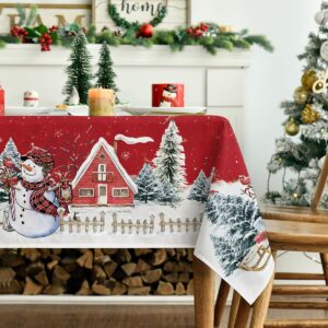 Horaldaily Christmas Tablecloth 60×84 Inch, Winter Snowman House Christmas Trees Red Washable Table Cover for Party Picnic Dinner Decor