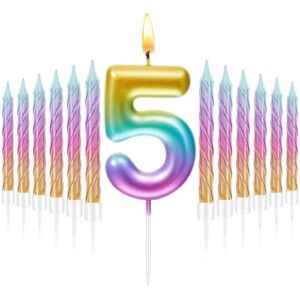 treela 2.7 inch birthday candles rainbow number candle with 12 pieces numeral rainbow spiral candle first one year candle for baby girl boy birthday cake topper anniversary wedding party (number 5)