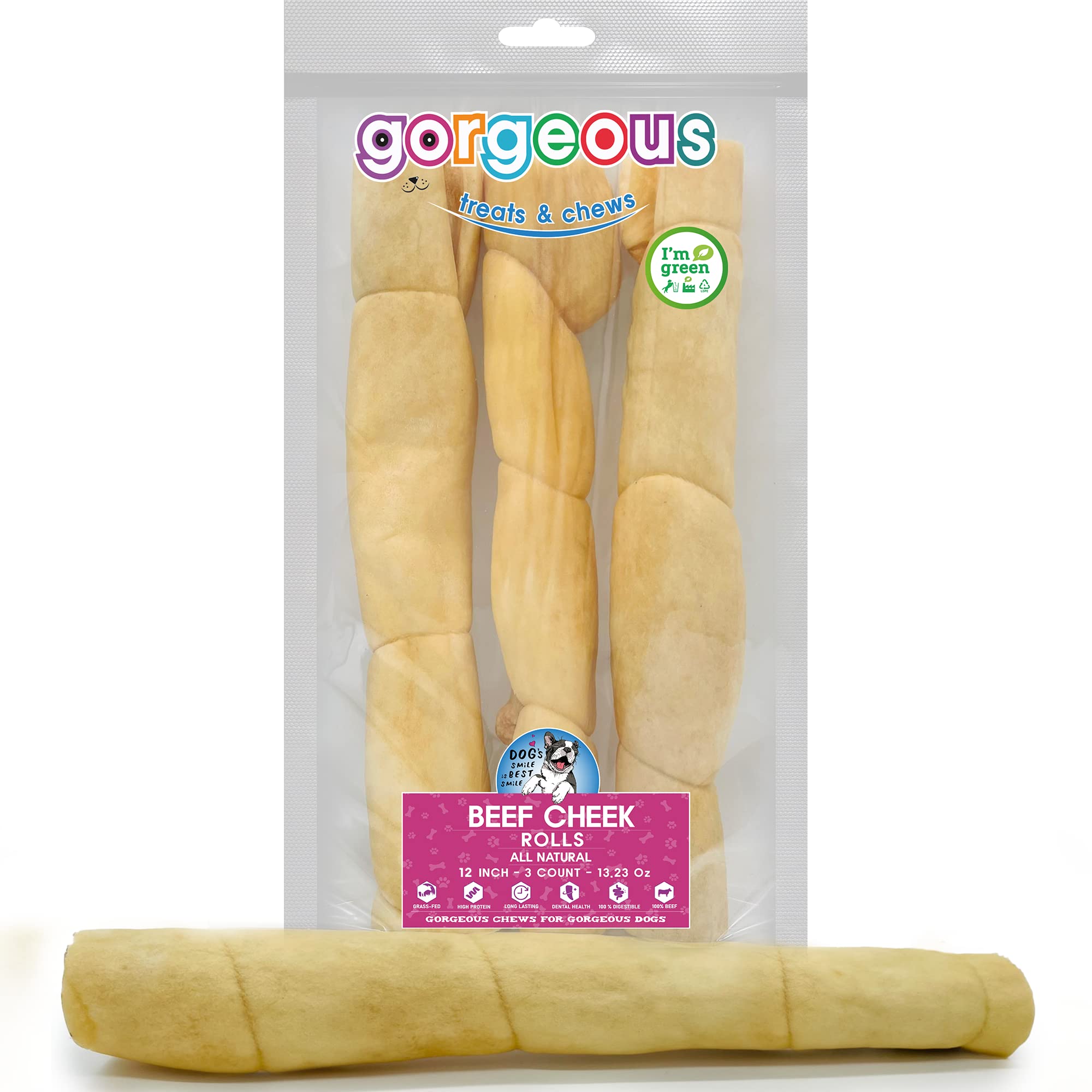 gorgeous treats and chews Beef Cheek Rolls | (12 Inch, (3 Count)) | Long Lasting | High in Protein | Good for Dental Health | 100% Digestible | All Natural Dog Chew