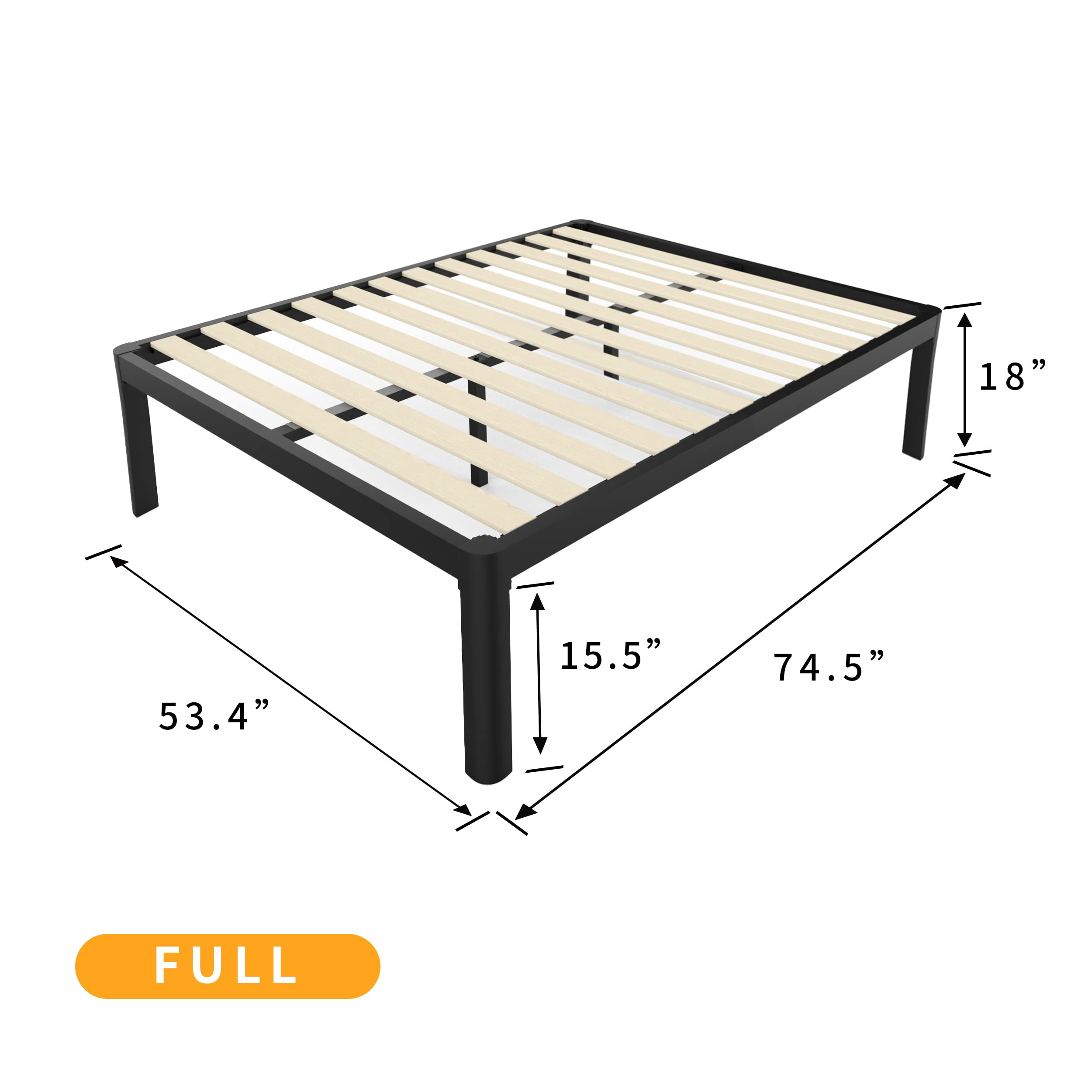 MAF Metal 18 Inch Full Size Platform Bed Frame with Anti-Collision Round Legs, Black 3500 Lbs Heavy Duty Bed Frame with Wood Slats, No Box Spring Needed, Easy Assembly