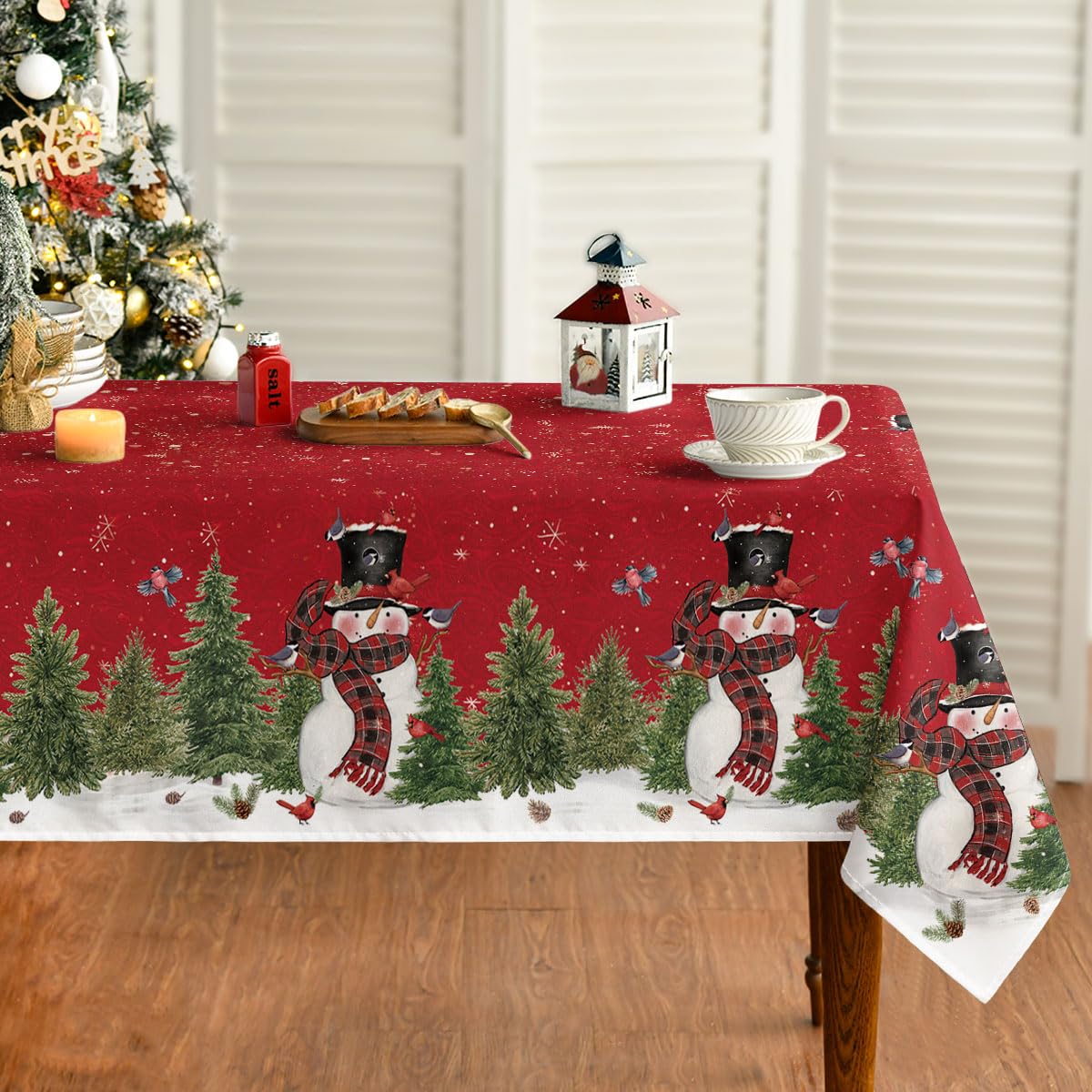 Horaldaily Christmas Tablecloth 60×84 Inch, Winter Snowman Trees Red Washable Table Cover for Party Picnic Dinner Decor