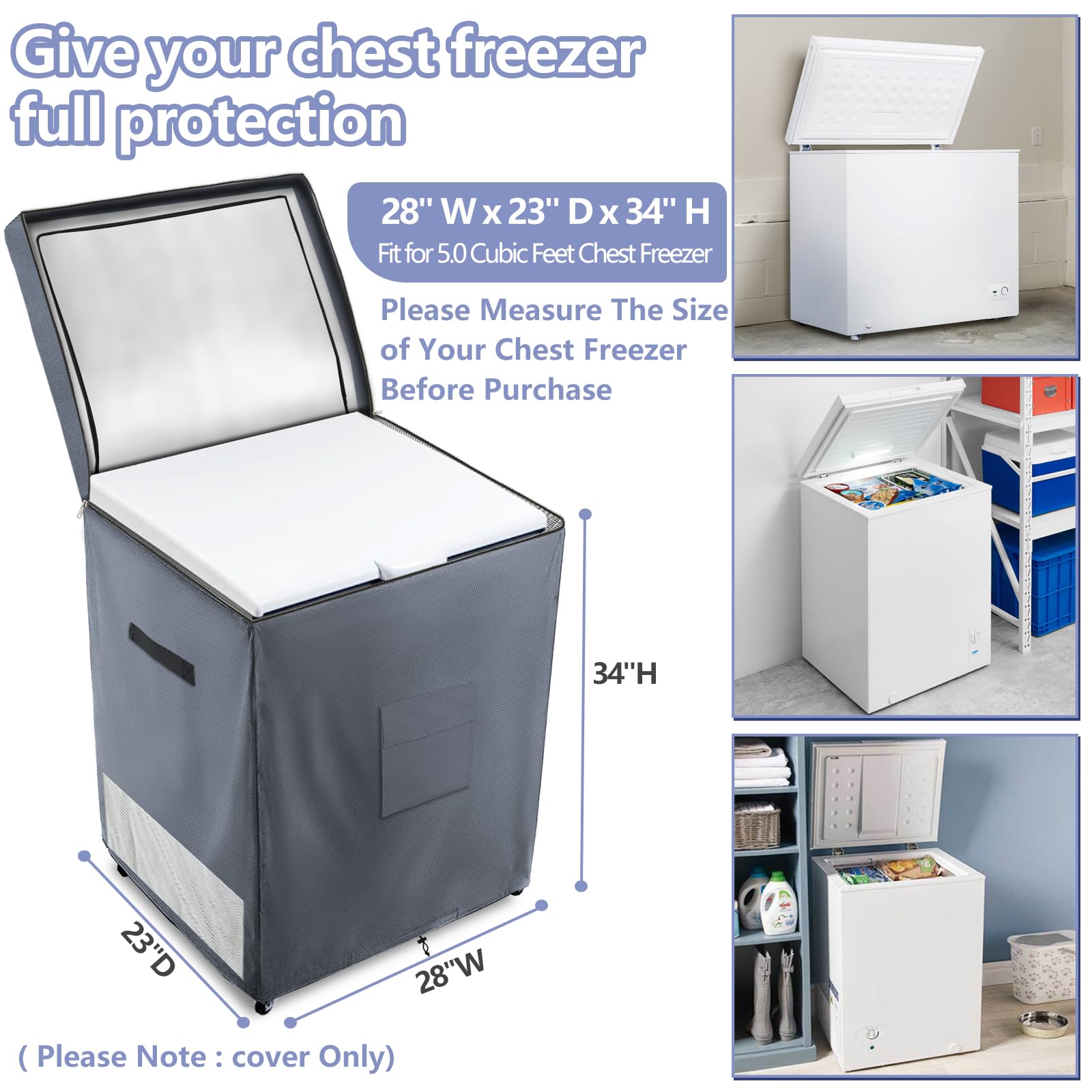 Dalema Outdoor Deep Freezer Cover,Heavy Duty 600D 100% Waterproof Chest Freezer Cover,Freezer Covers for Outside 5.0 Cubic Chest Freezer,Top Can Be Opened by Zipper(28"W x 23"D x 34"H,Grey)