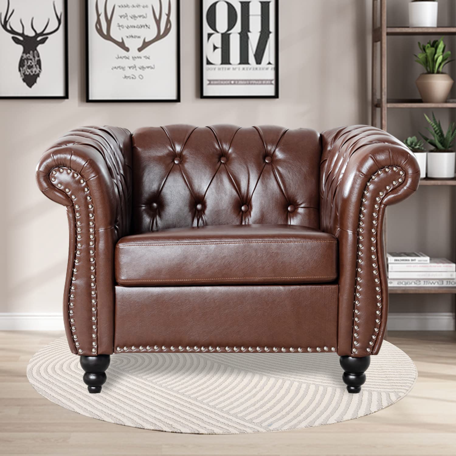 Vaztrlus Chesterfield Chairs, Brown Faux Leather Chairs Living Room, Roll Arm Accent Chairs, Deep Seat Comfy Classic Club Wingback Single Sofa Chair for Bedroom Office Sofa Chair