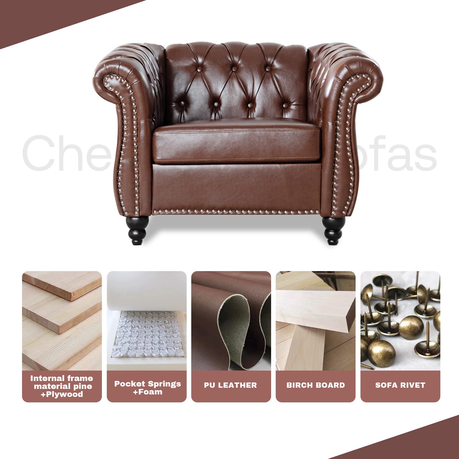 Vaztrlus Chesterfield Chairs, Brown Faux Leather Chairs Living Room, Roll Arm Accent Chairs, Deep Seat Comfy Classic Club Wingback Single Sofa Chair for Bedroom Office Sofa Chair