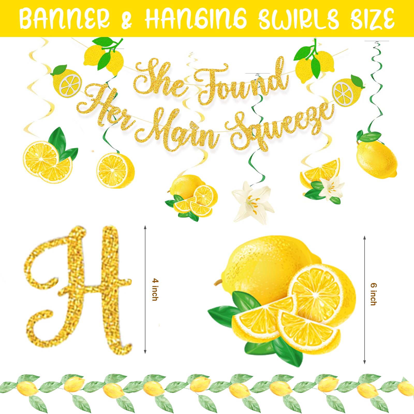 Fiesec Lemon Bridal Shower Decorations, Lemon Bachelorette Party Supplies, Hanging Swirl Balloon She Found Her Main Squeeze Glitter Banner Tablecloth Plate Napkin Cup Cake Topper Gold Yellow