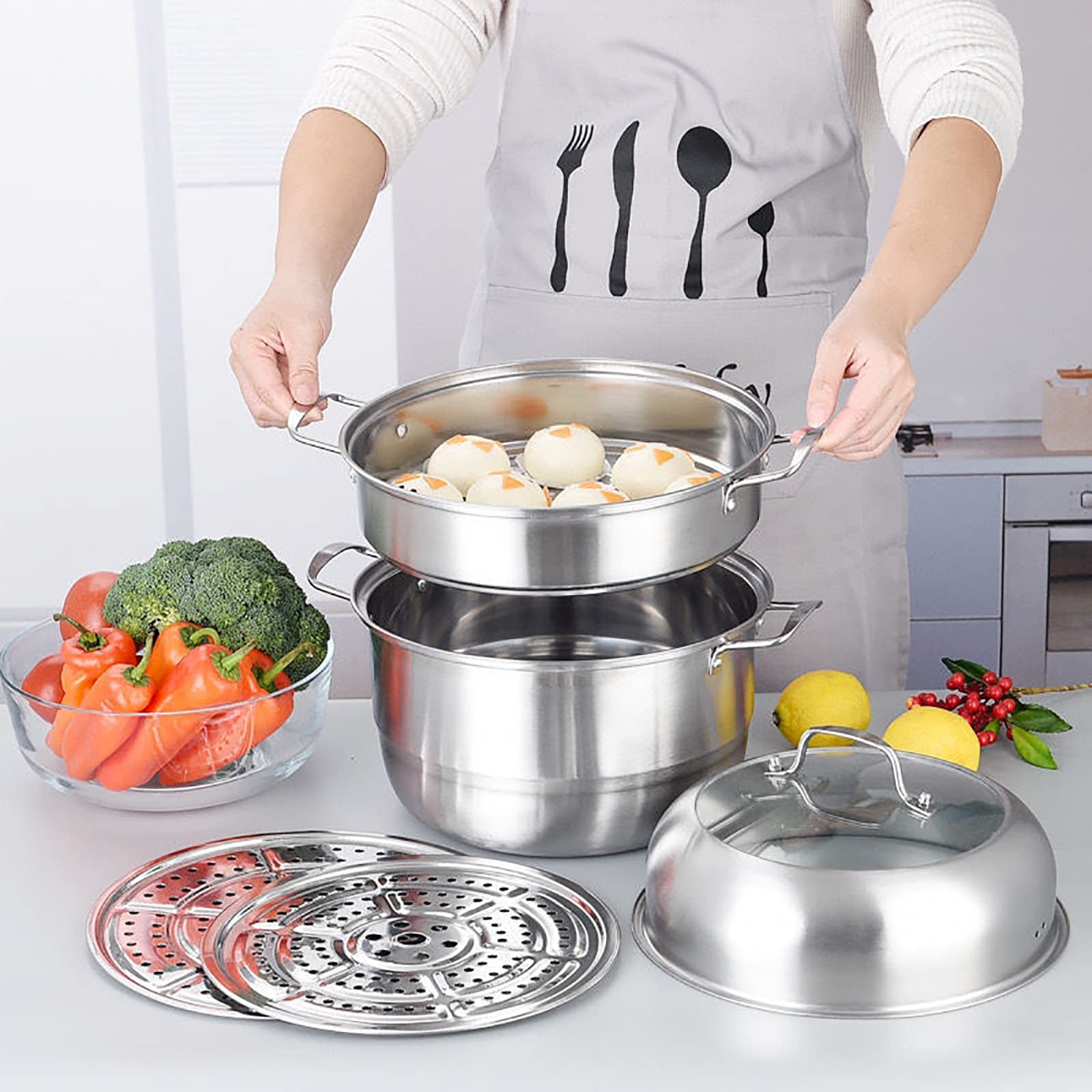 WUWEOT 11" Steamer Pot, 3 Tier Stainless Steel Steaming Pot Dim Sum Cookware, Food Vegetable Cooking Pan With Stackable Pan Insert/Lid for Vegetable, Dumpling, Stock, Sauce, Food