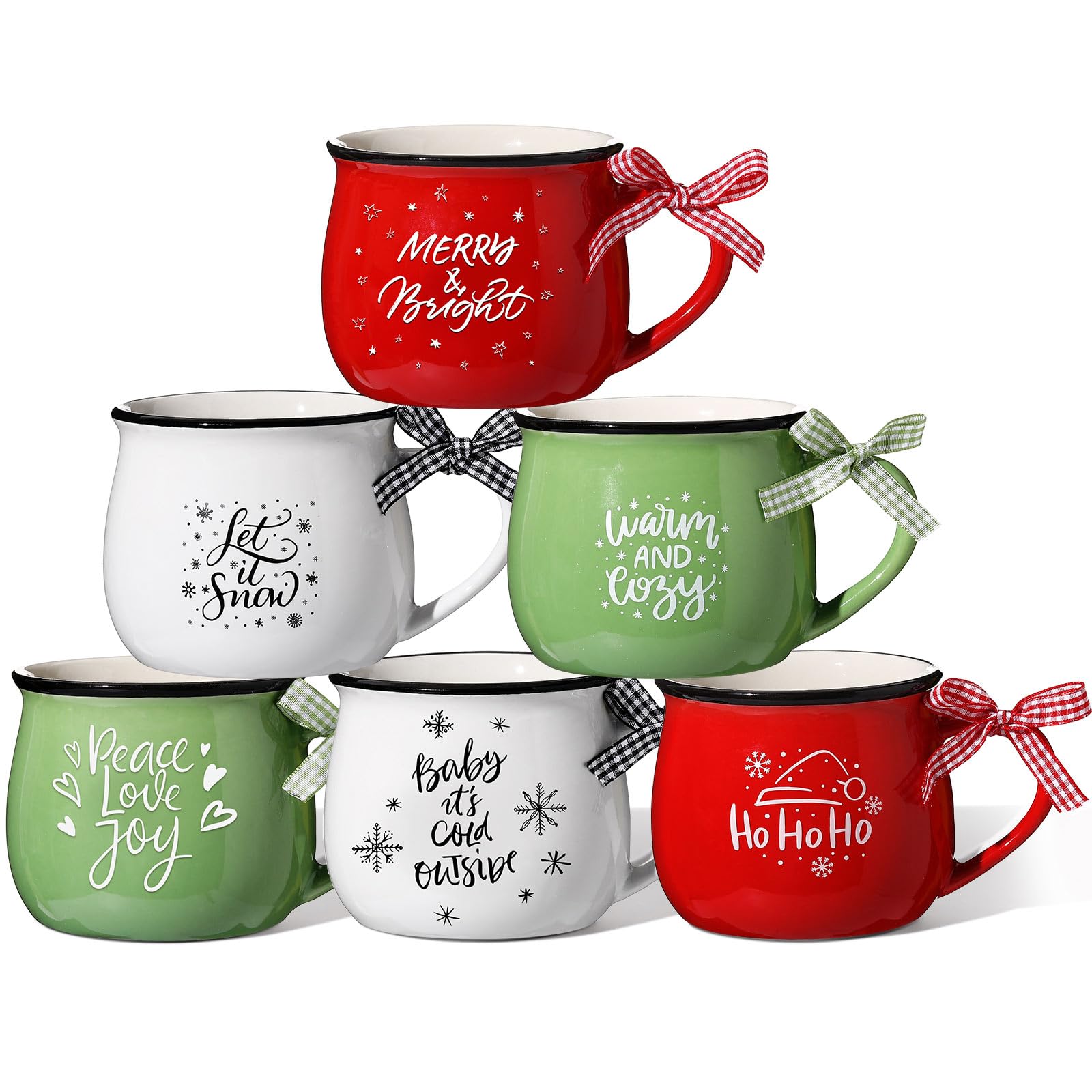 Sawysine Christmas Coffee Mugs Set of 6, 12 oz Ceramic Mug Gift Holiday Hot Cocoa for Mom Woman Family Friend Farmhouse Tiered Tray Decor Bar