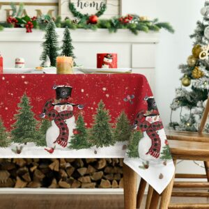 Horaldaily Christmas Tablecloth 60×84 Inch, Winter Snowman Trees Red Washable Table Cover for Party Picnic Dinner Decor