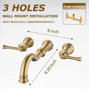 WINKEAR Wall Mount Bathroom Sink Faucet 3 Hole Brushed Gold 2 Lever Handles 8 inch Widespread Lavatory Faucet 360° Swivel Spout Brass Rough-in Included