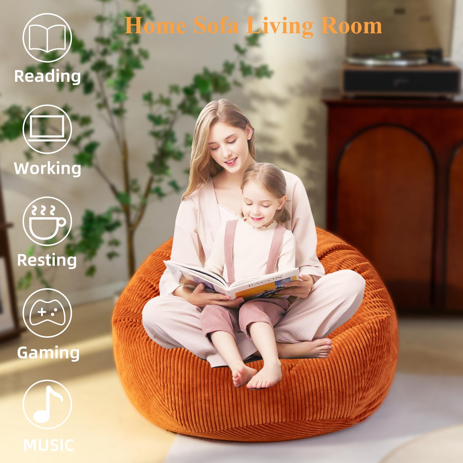 Large Stuffed Animal Storage Bean Bag Chair （No Filler）, 3 ft Giant Heavy Soft Corduroy Bean Bag Cover for Kids Teens & Adults，Round Fluffy Sofa for Home Living Room ，Coffee Chair