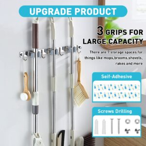 Broom Mop Holder Wall Mount, Garage Organization Tool Organizer Storage Broom Closet Kitchen Organization Heavy Duty Garage Tools Hanger with 3 Racks 4 Hooks for Home Kitchen Garden Laundry Room