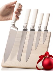 white knife set with magnetic knife holder stand - 6 pc white magnetic knife set includes white handle knife set with ashwood magnetic knife block - white kitchen accessories, white kitchen decor