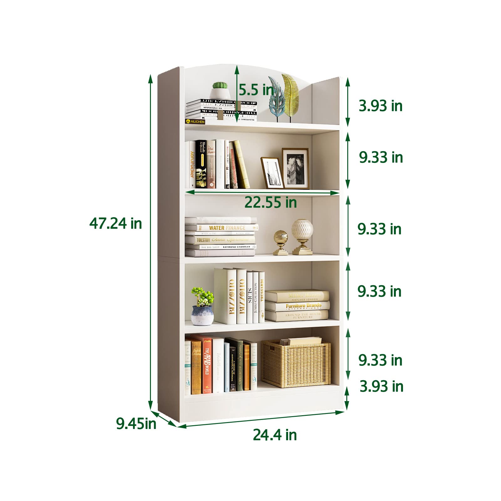 MIN WIN 47.24" Tall Bookcase and Bookshelf, Open Shelf Wood Bookcase with 5-Tier Storage Shelves,Bookshelves Standing Display Shelf Units for Home Office, Living Room, Bedroom, Kitchen-White