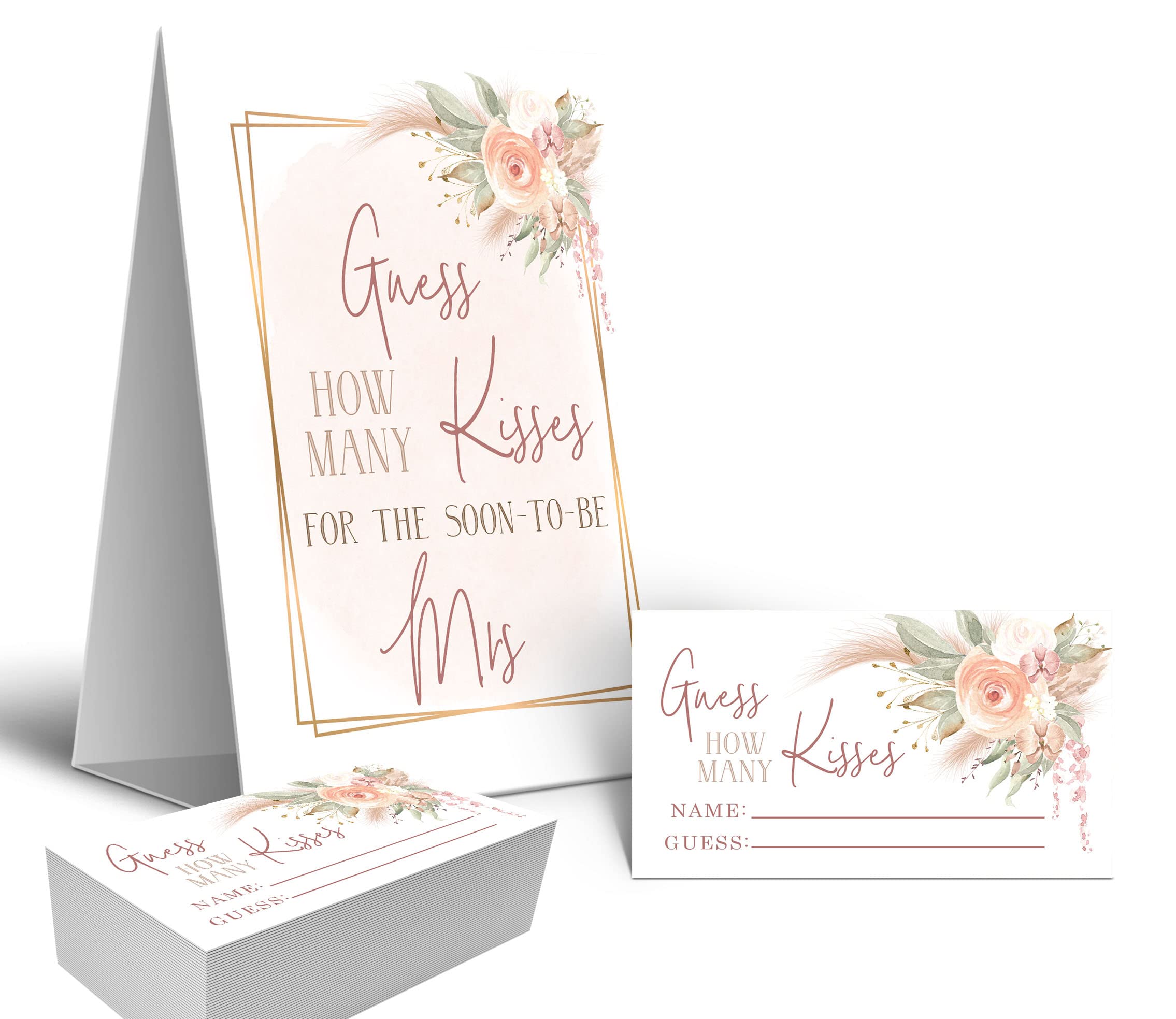 Your Main Event Prints Boho Pink Gold Pompas Grass How Many Kisses Game Sign and Cards Great For Bridal Showers and Weddings, Floral