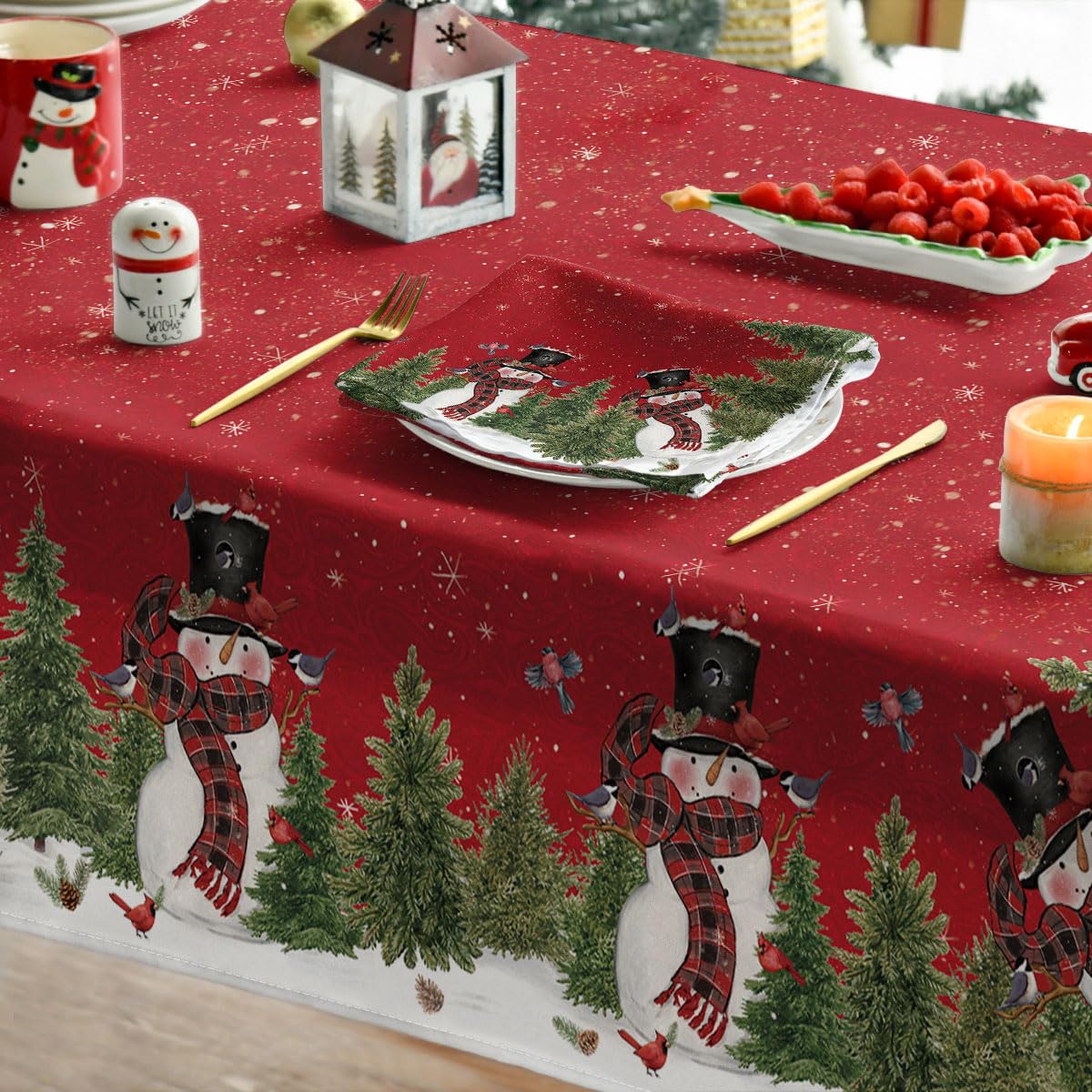 Horaldaily Christmas Tablecloth 60×84 Inch, Winter Snowman Trees Red Washable Table Cover for Party Picnic Dinner Decor