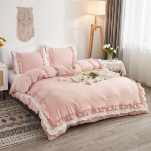 Shabby Chic 3 Pieces Bedding,Vintage Ruffled Queen Duvet Cover Set with 2 Layers Ruffles,Soft Brushed Microfiber Set with Zipper Closure,Lightweight Duvet Cover Set