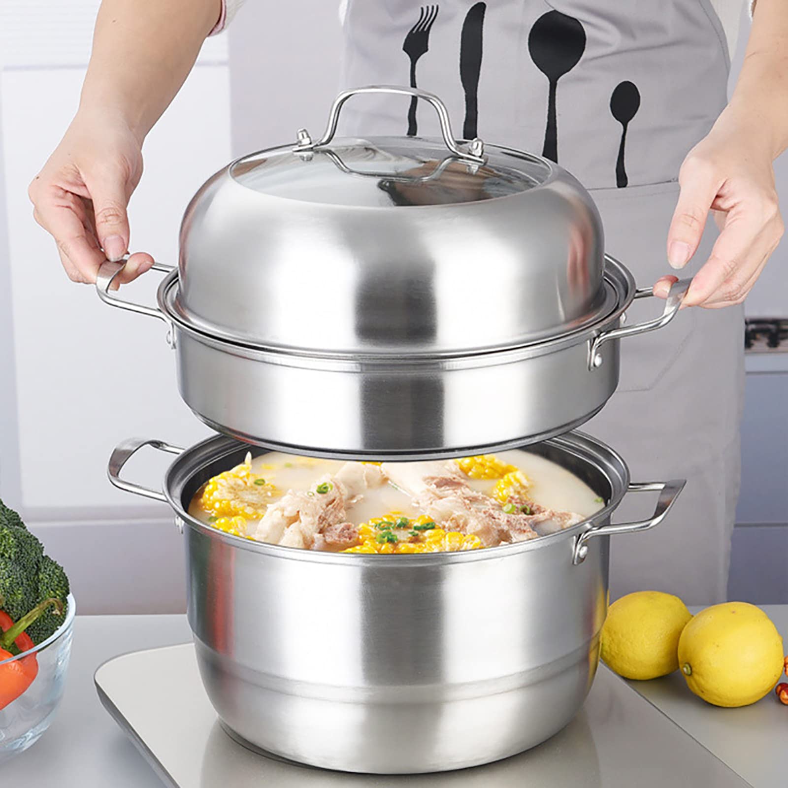 WUWEOT 11" Steamer Pot, 3 Tier Stainless Steel Steaming Pot Dim Sum Cookware, Food Vegetable Cooking Pan With Stackable Pan Insert/Lid for Vegetable, Dumpling, Stock, Sauce, Food