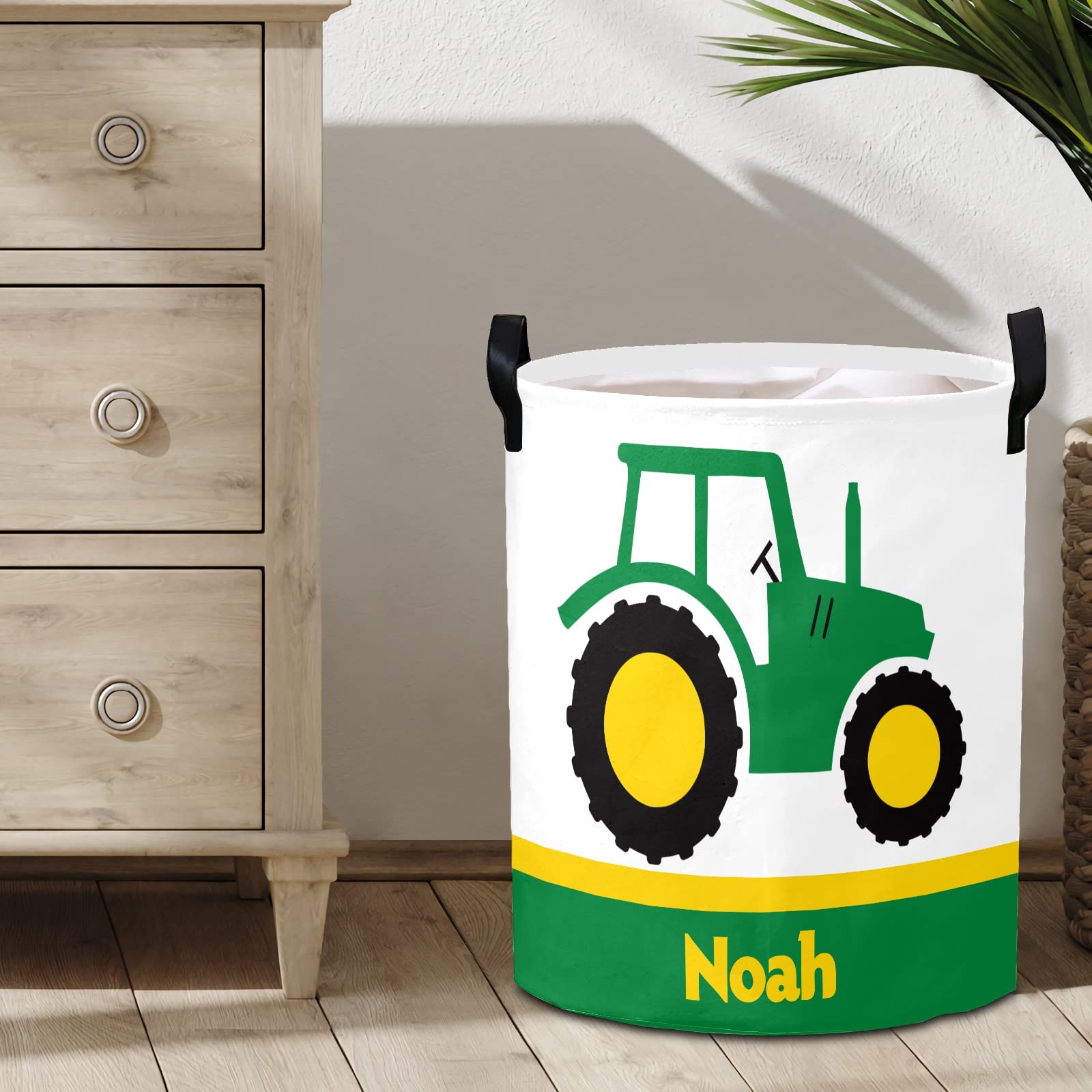 Personalized Laundry Basket Hamper,Farm Tractor Truck Green,Collapsible Storage Baskets with Handles for Kids Room,Clothes, Nursery Decor