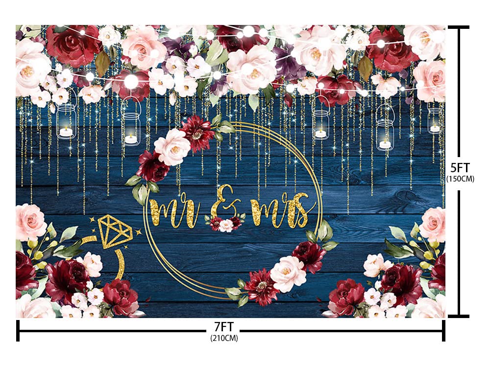 AIBIIN 7x5ft Burgundy Pink Floral Mr & Mrs Engagement Decorations Backdrop for Couples Navy Wood Wedding Bride Groom Engaged Ceremony Anniversary Bridal Shower Photography Background Photo Booth Props