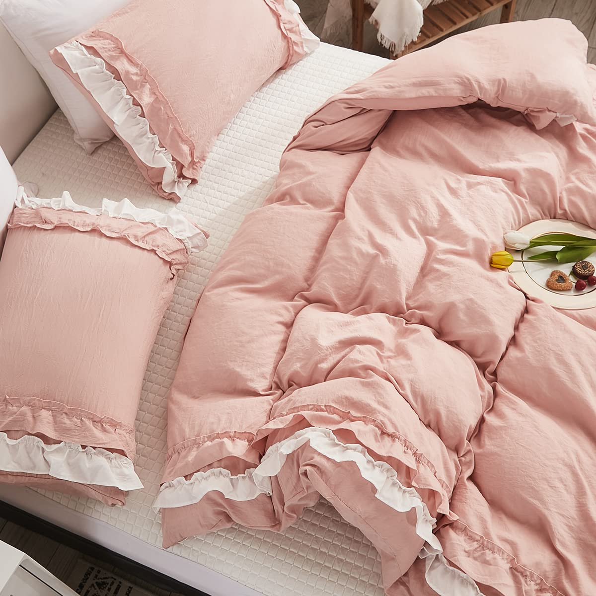 Shabby Chic 3 Pieces Bedding,Vintage Ruffled Queen Duvet Cover Set with 2 Layers Ruffles,Soft Brushed Microfiber Set with Zipper Closure,Lightweight Duvet Cover Set