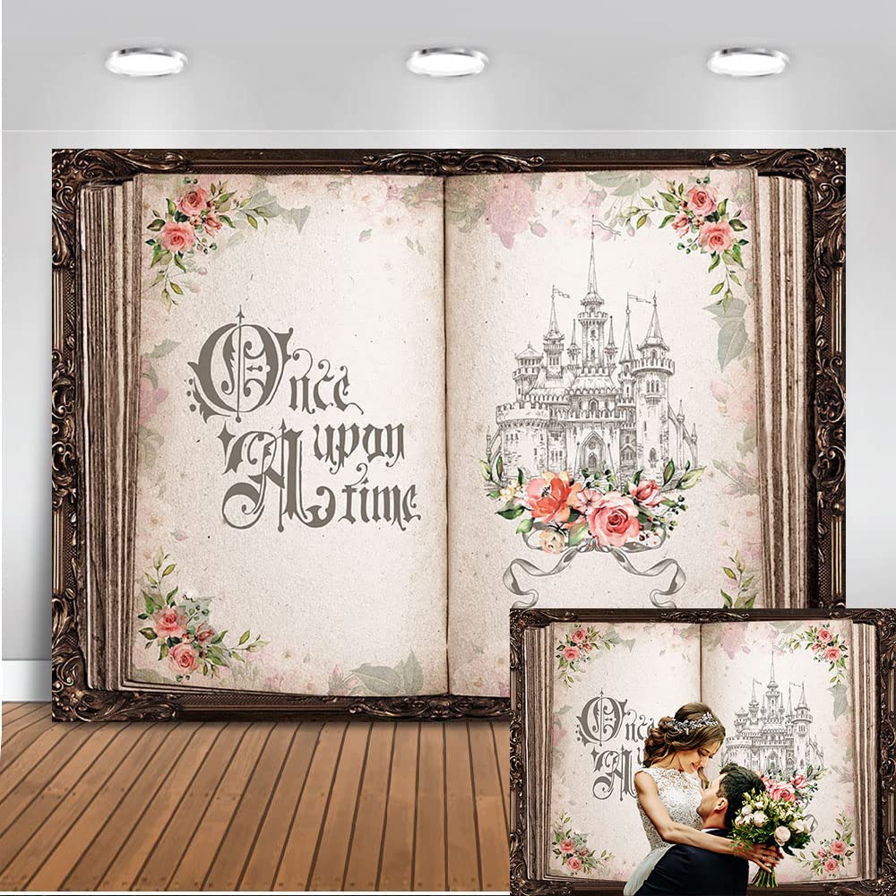 Mocsicka Once Upon a Time Backdrop Floral Fairy Tale Books Princess Party Decorations 7x5ft Wedding Bridal Shower Castle Background Romantic Magic Book Background Banner Props