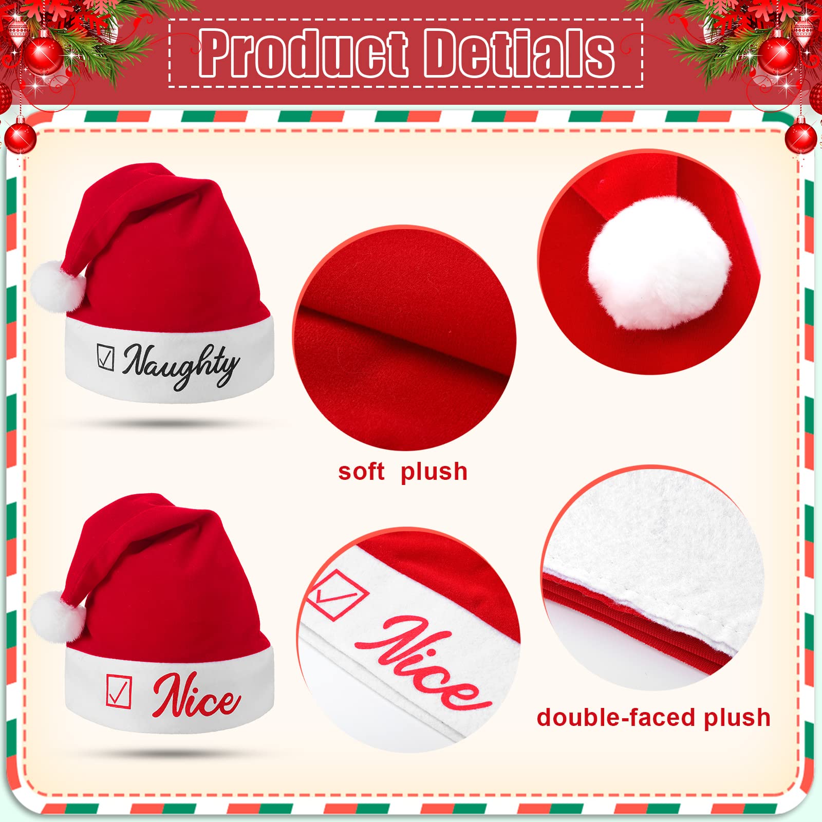 12 Pieces Naughty and Nice Christmas Santa Hats Red Festive Holiday Christmas Hats Funny Santa Gifts Plush Cuff Santa Claus Hats Plush Santa Hat Christmas Party Holiday Supplies Women Men Decorations