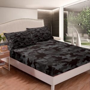 Army Camo Bedding Set, Black Camouflage Bed Sheets for Kids Boys Teens Adult Men, Military Camo Fitted Sheet Black Grey Lightweight Fitted Bed Sheets, 1 Fitted Sheet + 2 Pillow Cases, Queen Size…