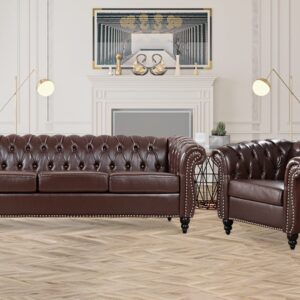 Vaztrlus Brown Leather Sectional Chesterfield Sofa Set, Luxury Couch for Living Room, Comfy Deep-Seat 3-Seater Couch and Chair Set for Bedroom, Office, or Apartment. Tool-Free 2-Piece Assembly.