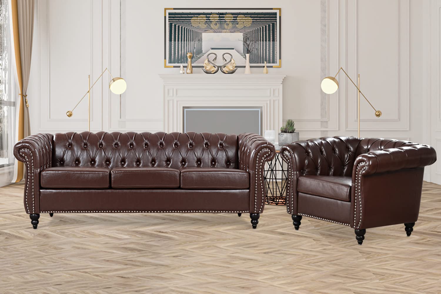 Vaztrlus Brown Leather Sectional Chesterfield Sofa Set, Luxury Couch for Living Room, Comfy Deep-Seat 3-Seater Couch and Chair Set for Bedroom, Office, or Apartment. Tool-Free 2-Piece Assembly.