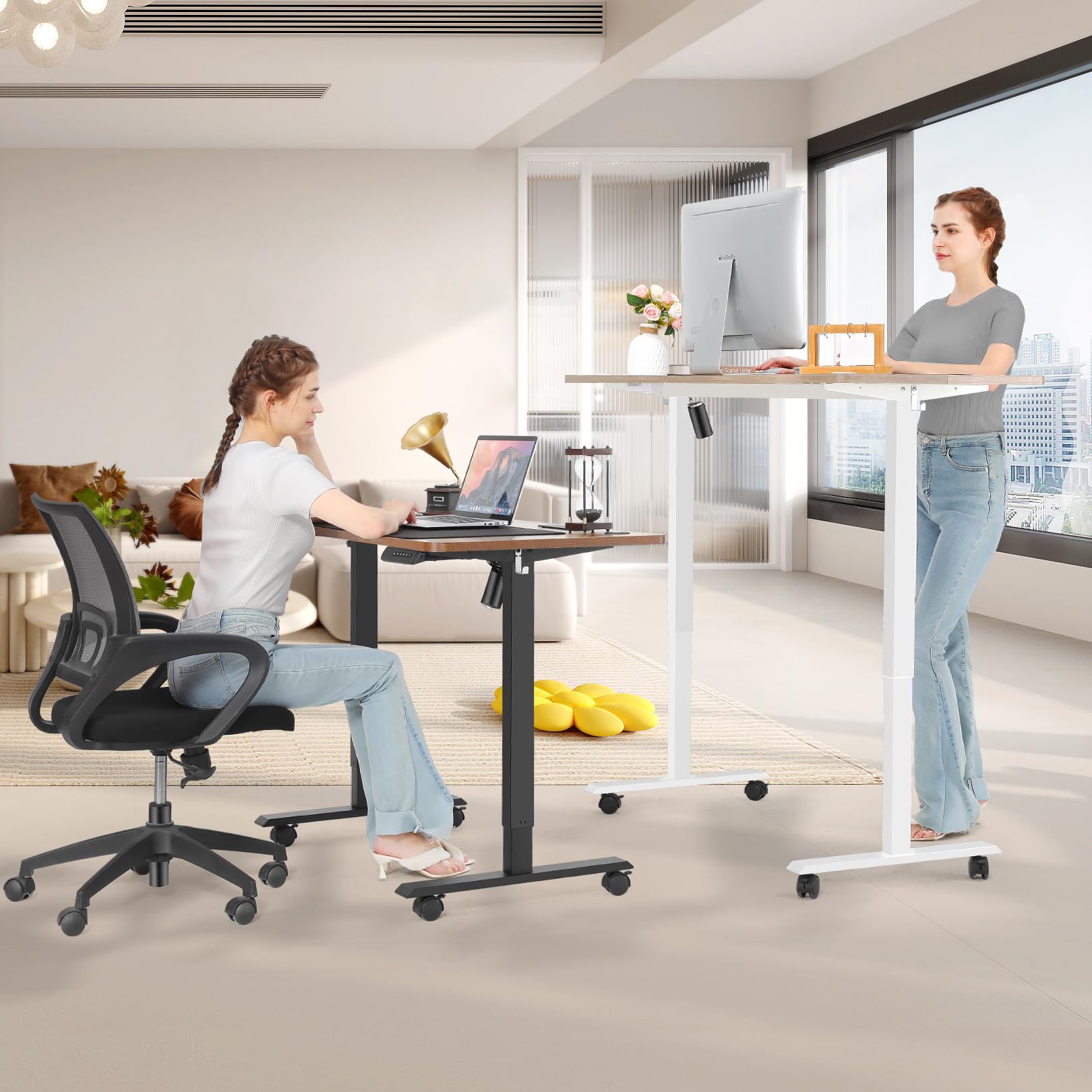 Adjustable Standing Desk, 55'' x 24'' Electric Height adjustable desk, Ergonomic Home Office Stand up Desk with Wheels, Outlets and Splice Board,2 USB Ports,3 Power Outlets,4 Caster(Brown Arc)