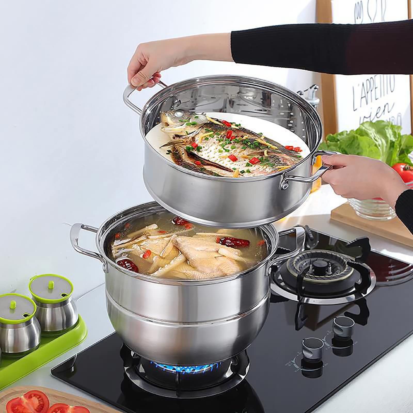 WUWEOT 11" Steamer Pot, 3 Tier Stainless Steel Steaming Pot Dim Sum Cookware, Food Vegetable Cooking Pan With Stackable Pan Insert/Lid for Vegetable, Dumpling, Stock, Sauce, Food