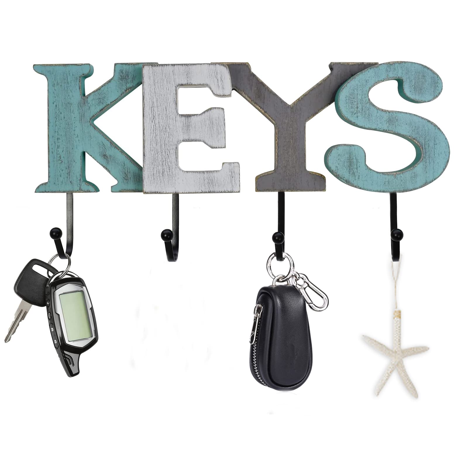 K KILIPES Rustic Wood Sign Home Decor with Keys Hanger Hooks Cutout Wooden Word Sign Hanging Ornament Decorative Keys Holder for Wall Decor