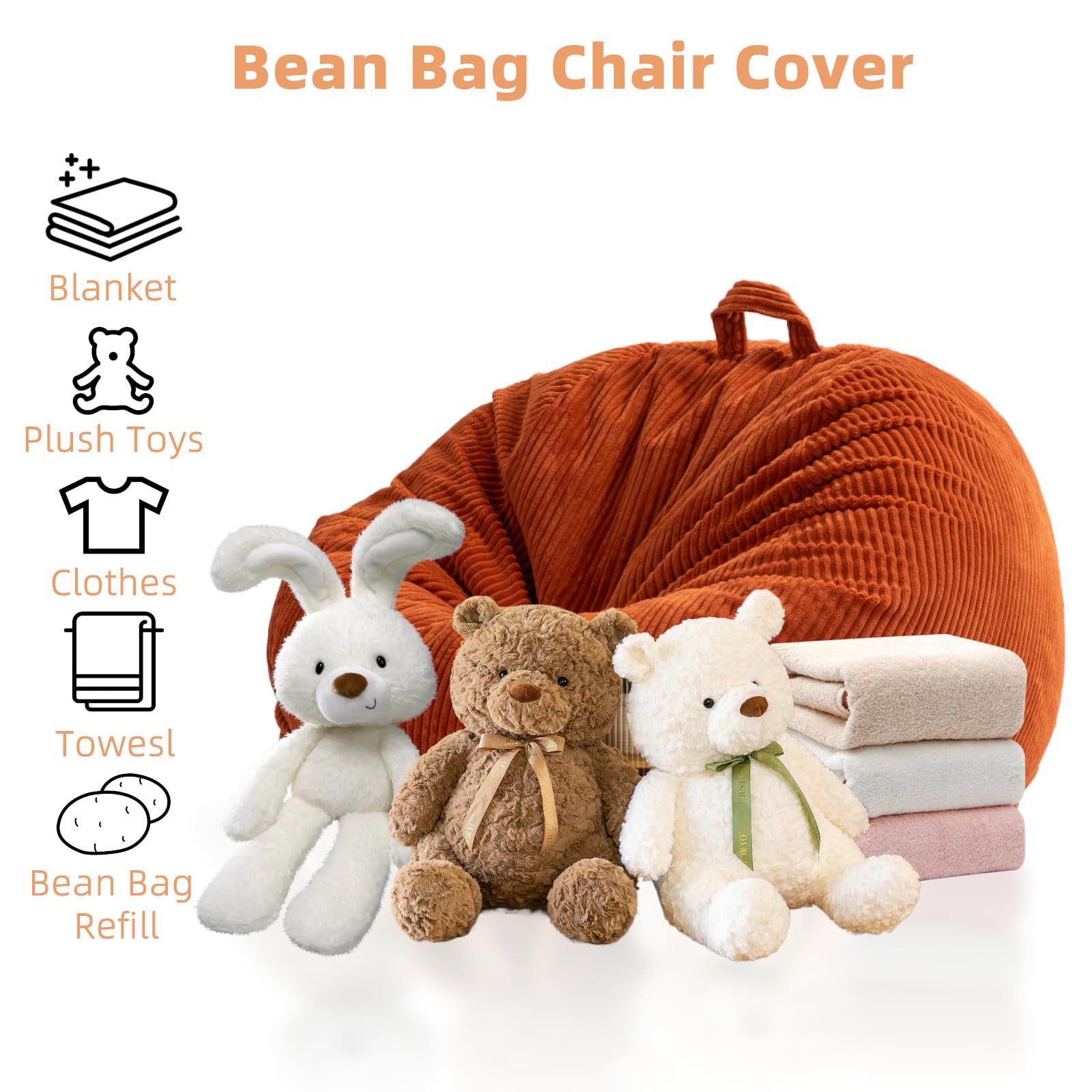 Large Stuffed Animal Storage Bean Bag Chair （No Filler）, 3 ft Giant Heavy Soft Corduroy Bean Bag Cover for Kids Teens & Adults，Round Fluffy Sofa for Home Living Room ，Coffee Chair