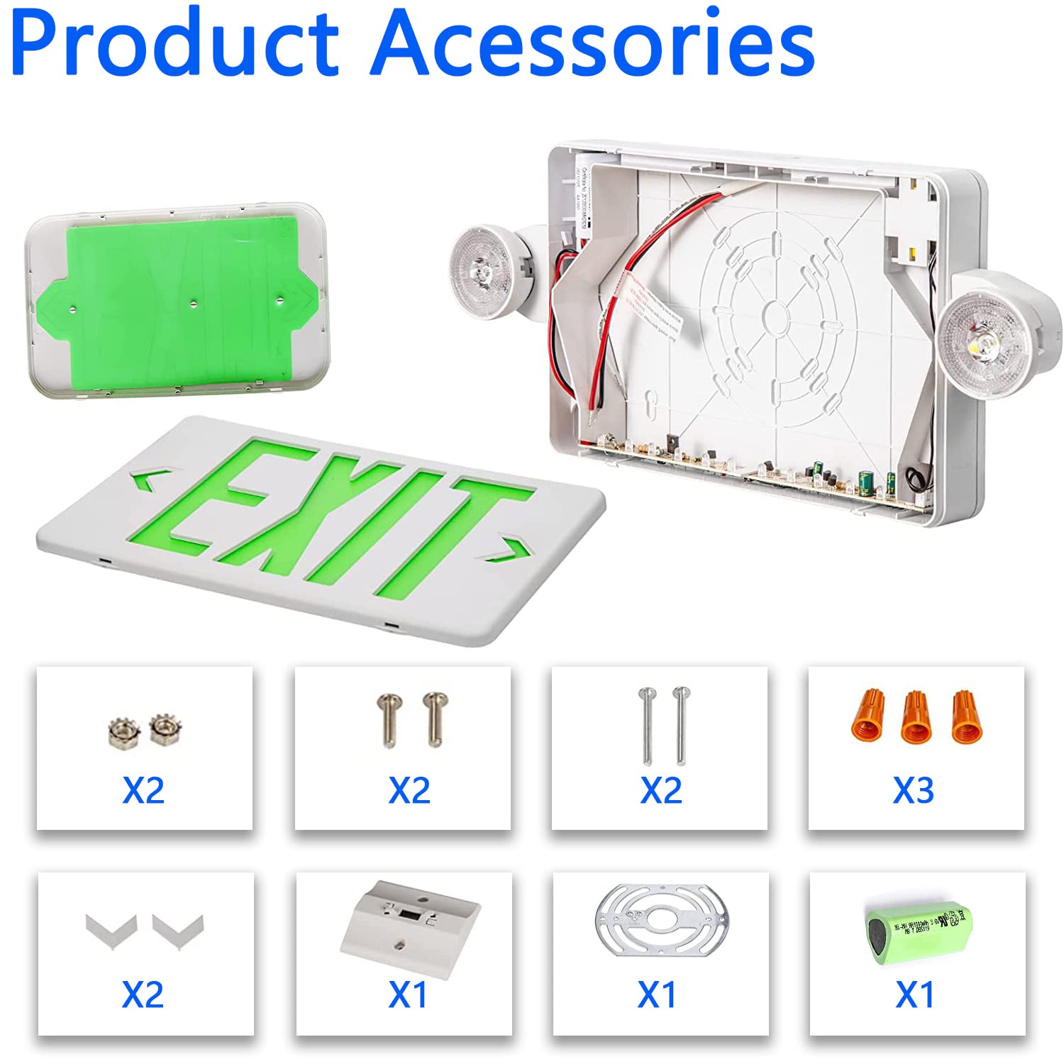 Green LED Exit Sign Emergency Light Combination Adjustable Two Heads and Battery Backup, US Standard Commercial Emergency Exit Lighting, Fire Resistant UL 924 AC 120/277V (4-Pack)